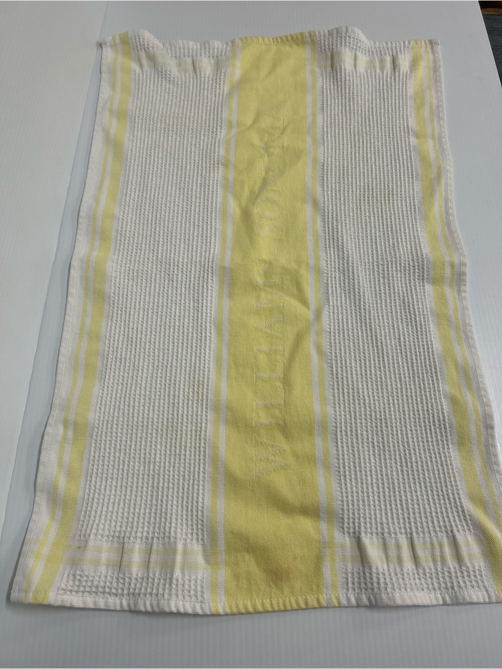 Williams Sonoma Classic Waffle Dish Towel Yellow on White Spellout- EUC